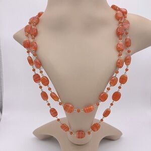 LONG Necklace Earrings Set 48” Orange Glass Stone Beaded Boho Statement NEW VTG